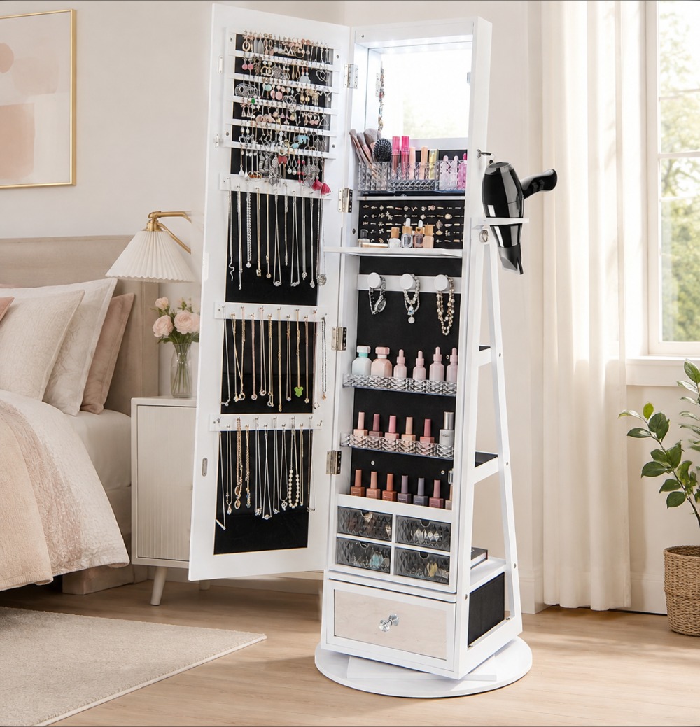 Full Length Mirror Jewelry Armoire - 360 ° Obrotowa szafa na biżuterię