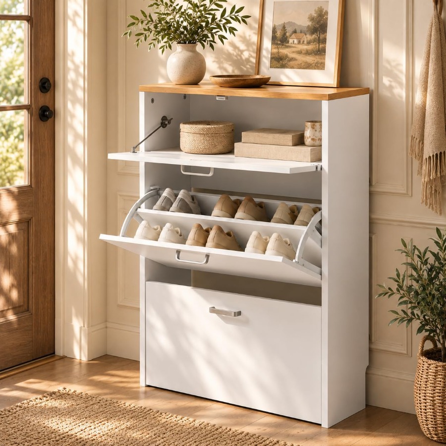 Shoe Rack Cabinet Narrow Entryway - Szafka na buty do przedpokoju, biała,