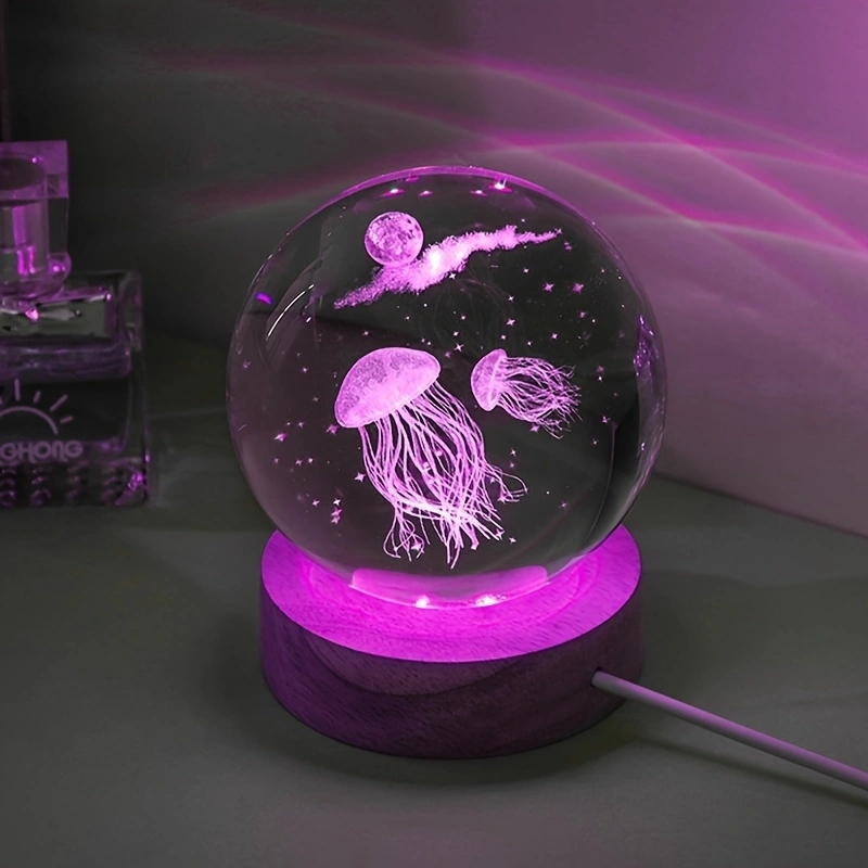 Floating Nightstand With Led Light - 3D Jellyfish Grawerowana laserowo kryształowa kula