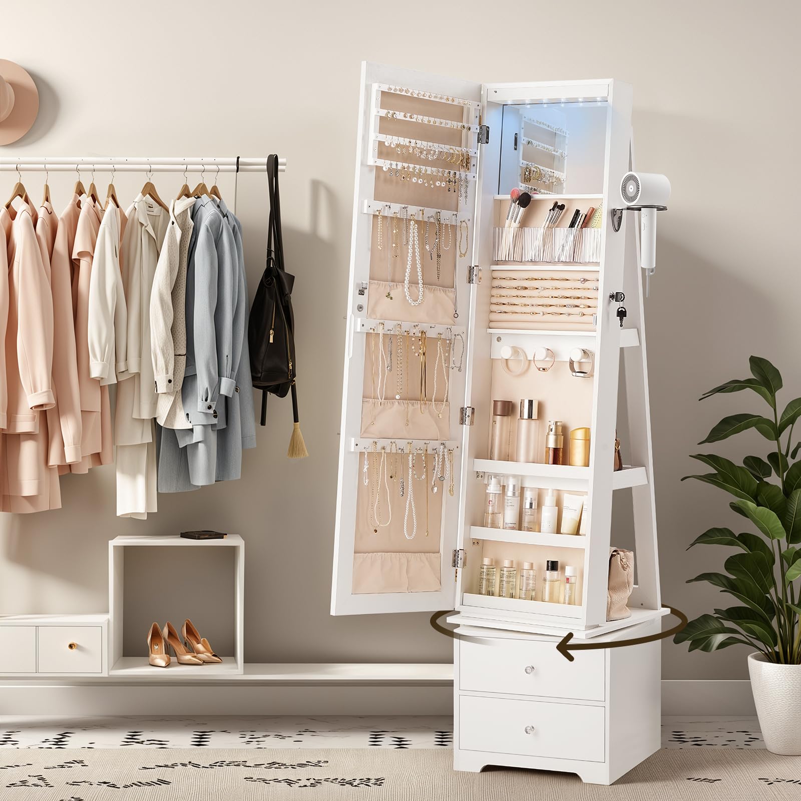 360 °   Obracana szafka na biż – Full Length Mirror Jewelry Armoire recenzja i cena