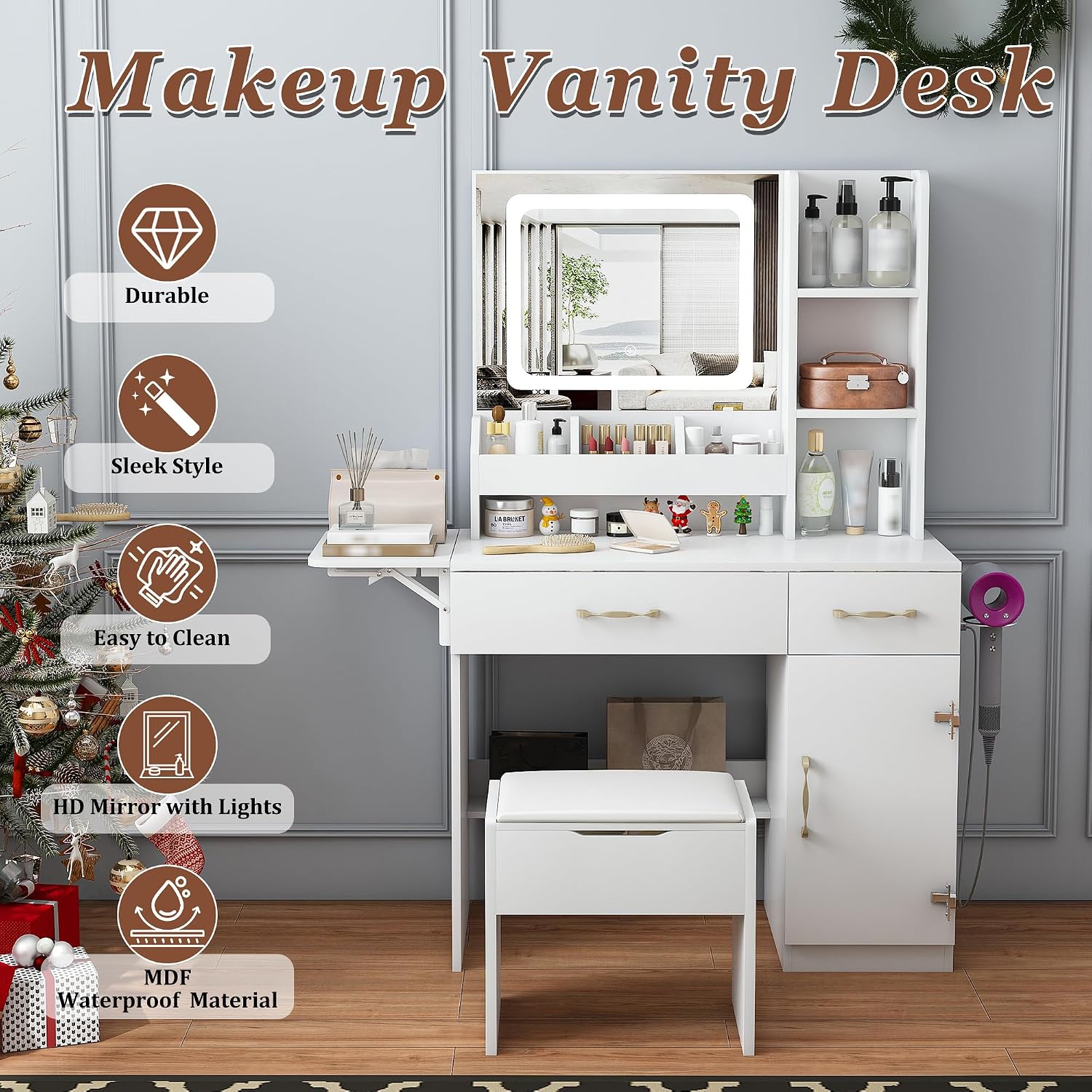 Toaletka z oświetleniem LED w  – Dressing Table Vanity With Lighted Mirror recenzja i cena